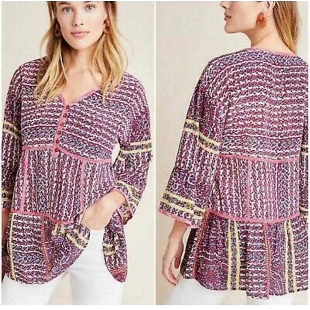 Maeve Anthropologie Liyana Tiered 100% Silk tunic blouse top XSP